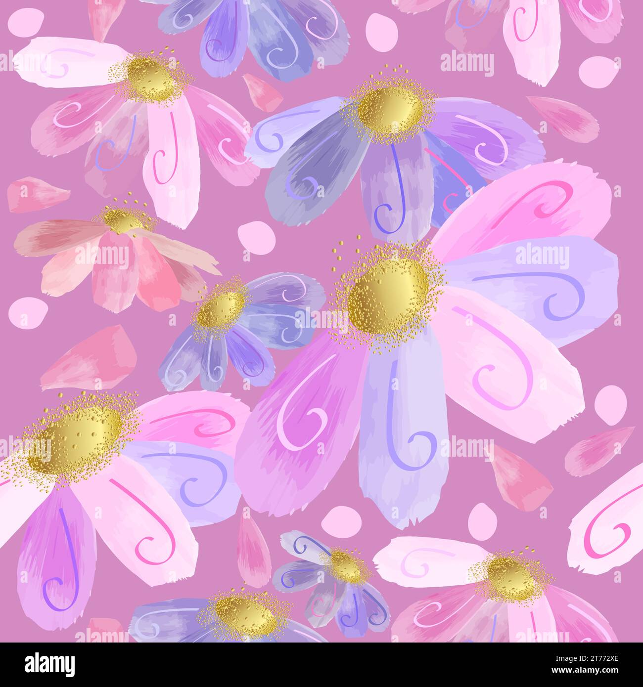 Motivo floreale rosa senza cuciture con centri dorati e sfondo rosa scuro - disegno dei fiori rosa vettoriale Illustrazione Vettoriale