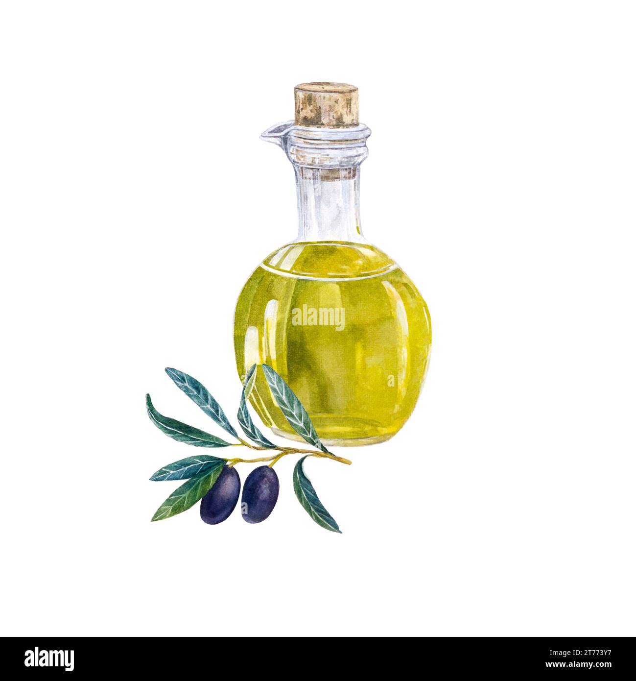 Olio d'oliva in bottiglia di vetro con olive. Illustrazione ad acquerello disegnata a mano isolata su sfondo bianco Foto Stock