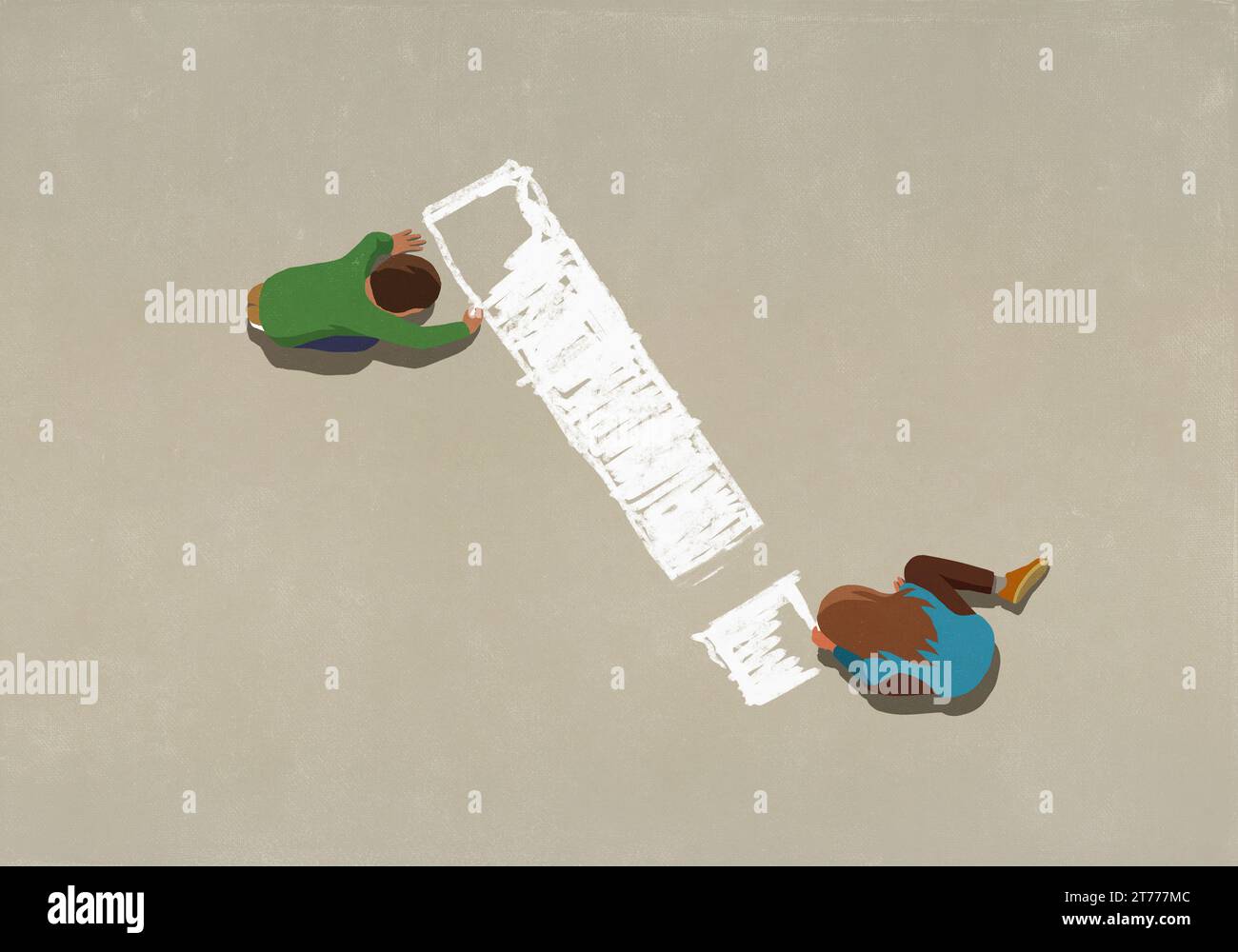 Vista dall'alto punto esclamativo colorato per bambini con gesso sul marciapiede Foto Stock