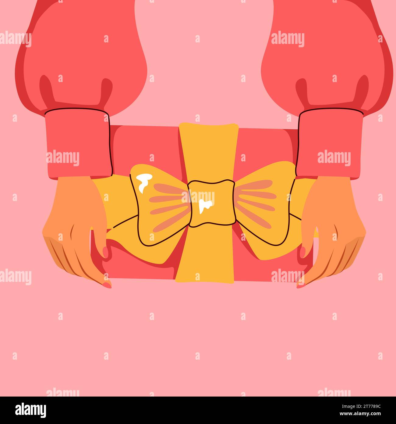 Vista dall'alto della ragazza che tiene una confezione regalo sul tavolo. Mani femminili che avvolgono un regalo in carta artigianale Foto Stock