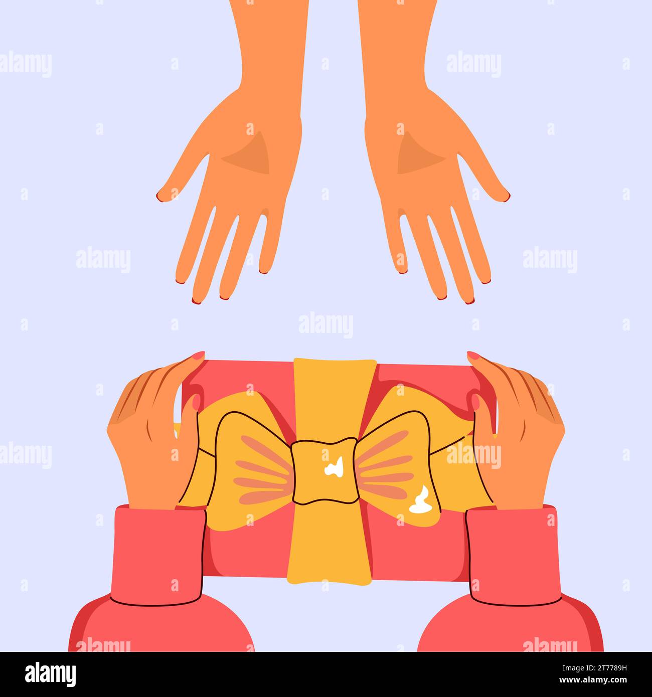 Le mani delle donne donano a Holiday una scatola regalo rossa con un nastro dorato tra le braccia femminili. Omaggio che esprime amore. Compleanno san valentino Natale Capodanno Foto Stock