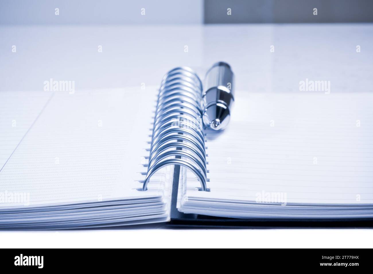 notebook e pennarello da lavoro sul tavolo in ufficio con una tinta azzurra Foto Stock