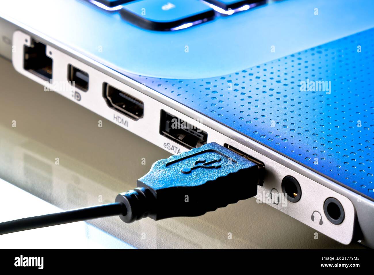 foto macro della spina usb vicino al computer portatile con sfondo blu Foto Stock