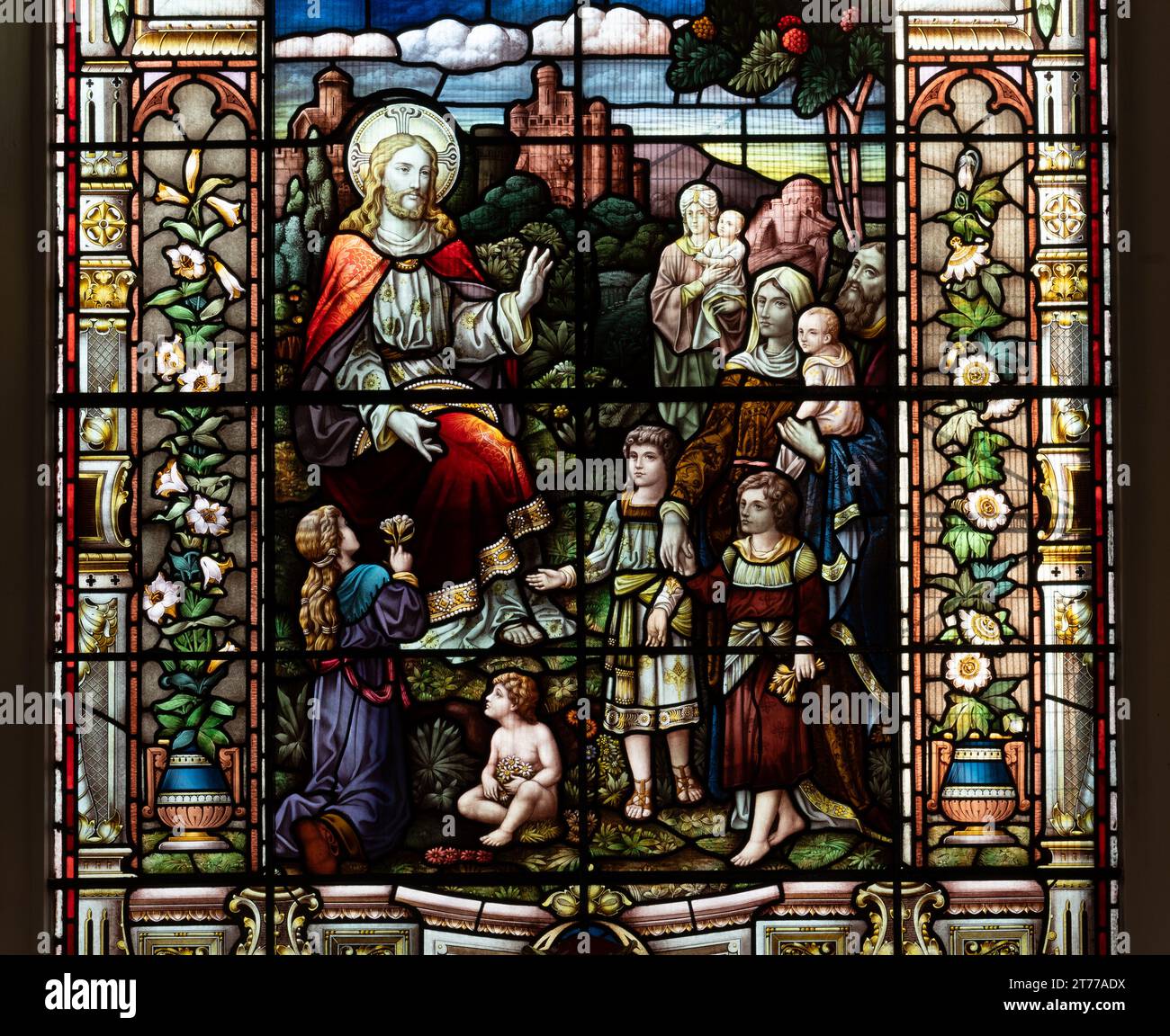 Jesus with Children, vetro colorato, West Midlands, Inghilterra, Regno Unito Foto Stock