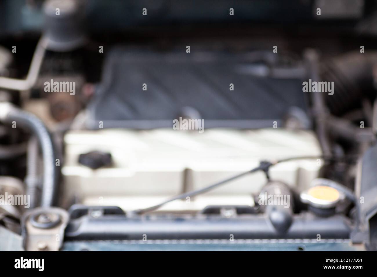 Dai un'occhiata sotto il cofano della tua auto con questa istantanea che presenta componenti del motore, tubi flessibili e fili, una visione interna del cuore degli automi Foto Stock