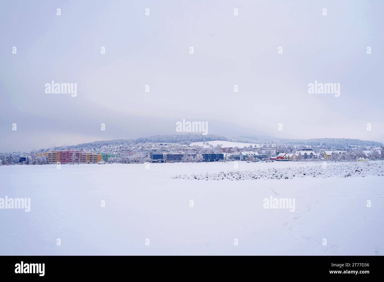 Vista panoramica del villaggio di Urdorf in inverno sotto la neve estrema cade nel gennaio 2021. Foto Stock