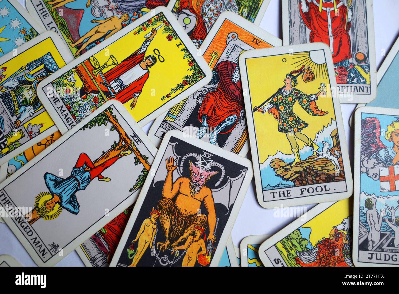 Carte non ordinate Rider Waite tarocchi dal maggiore Arcana Foto Stock