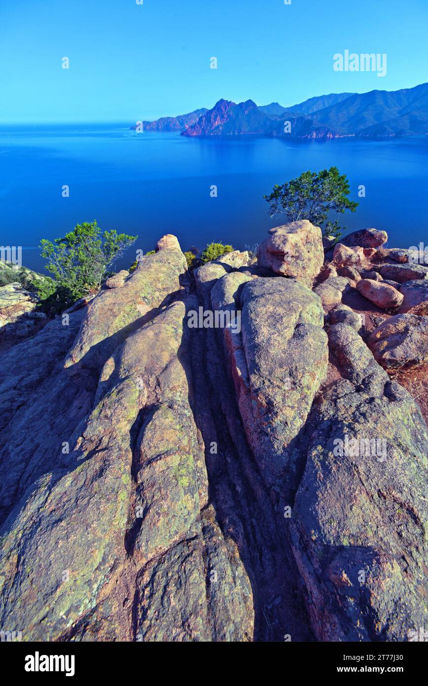 Punto panoramico chiamato Chateau Fort nella calanche di piana, Francia, Corsica, Golfe de Porto Foto Stock