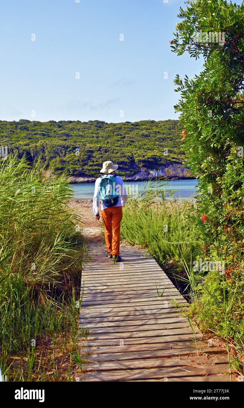 Donna che cammina fino alla spiaggia su un sentiero a bordo, vista posteriore, Francia, Corsica, Bonifacio Foto Stock