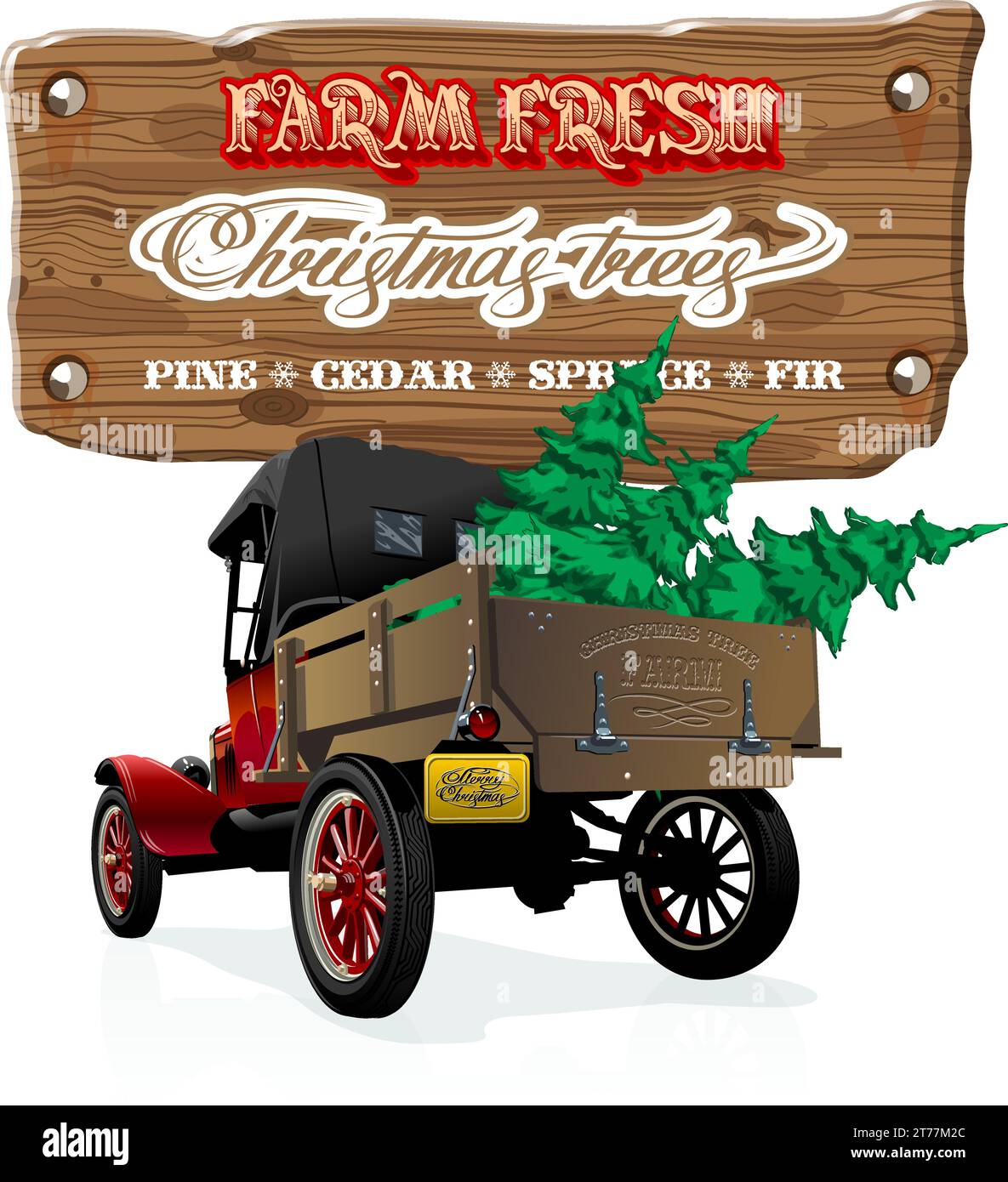 Cartello Vector vintage con albero di Natale su un camion rosso. Poster retrò degli alberi di Natale freschi della fattoria. Formato eps-10 disponibile separato da gruppi e la Illustrazione Vettoriale