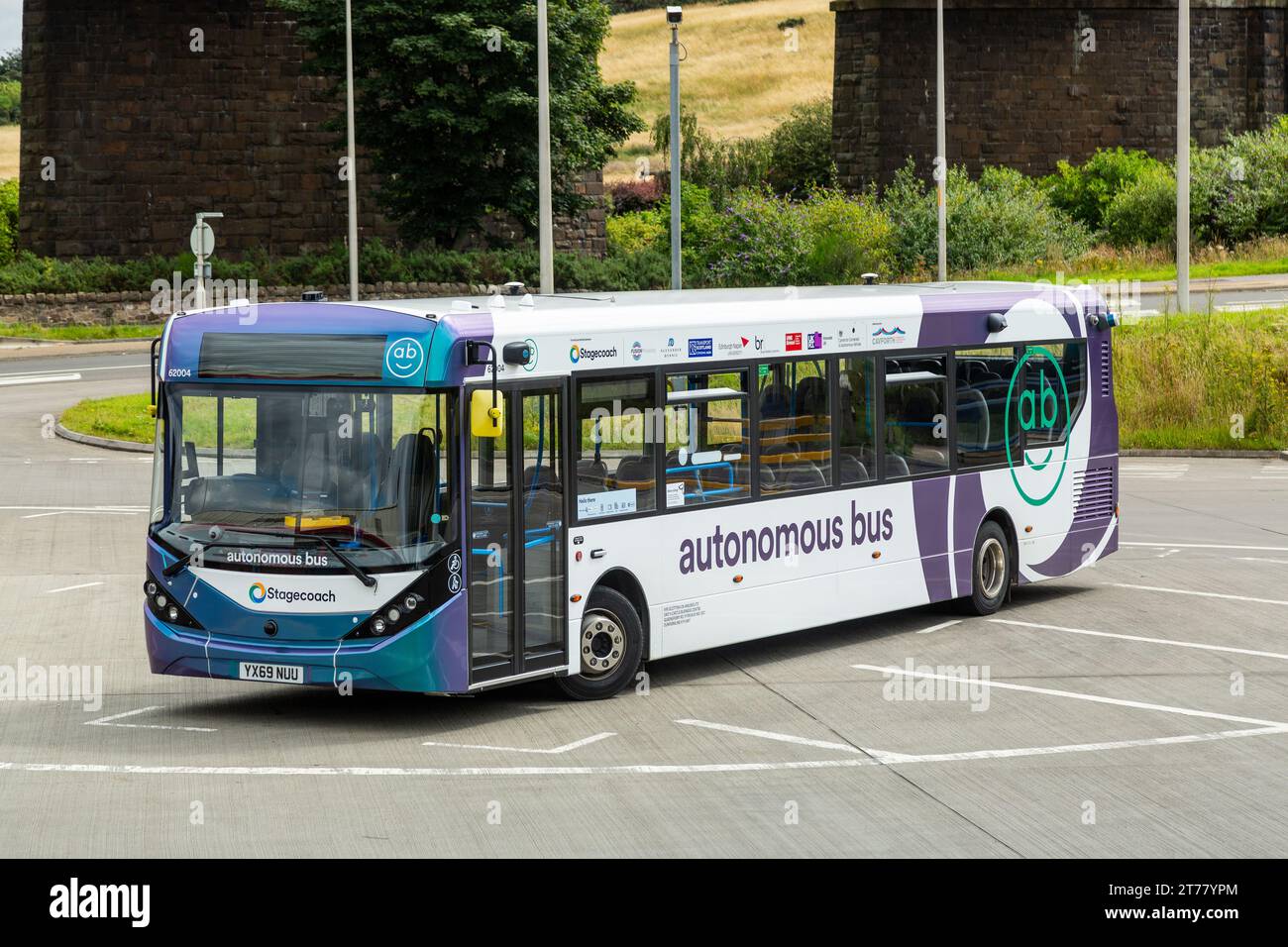 Autobus autonomo Stagecoach parcheggiato al Ferrytoll Park & Ride, Fife, Scozia Foto Stock