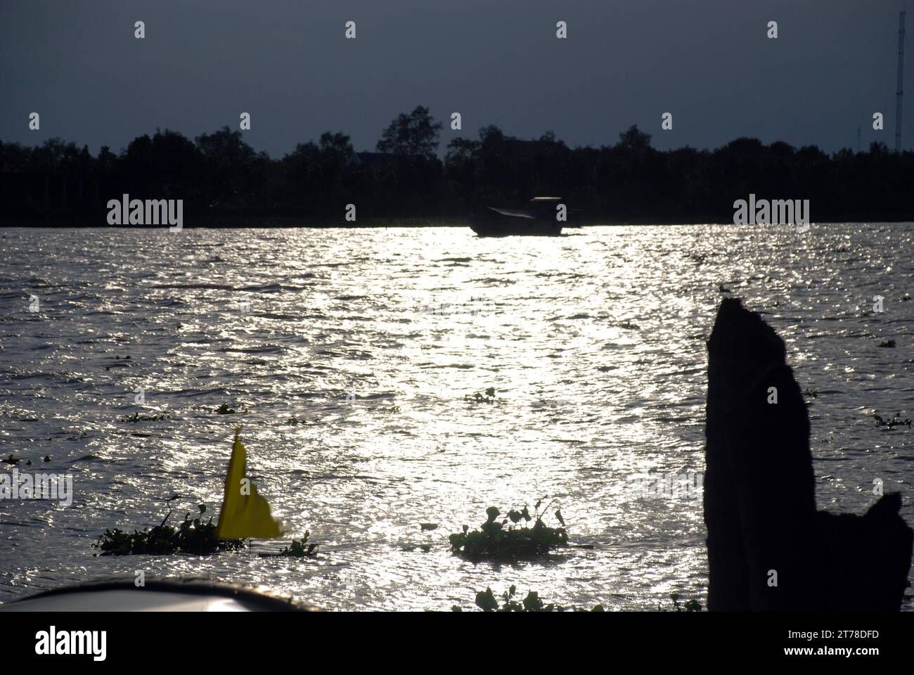 Il tramonto come ramo del fiume Mekong scorre attraverso il delta del Mekong nel sud del Vietnam Foto Stock