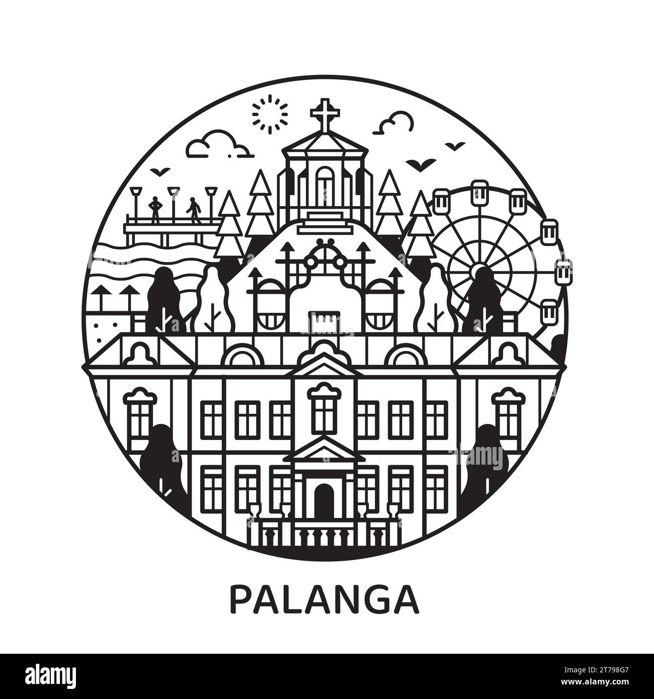 Viaggia sulla Palanga Line Circle Icon con il museo dell'ambra Illustrazione Vettoriale