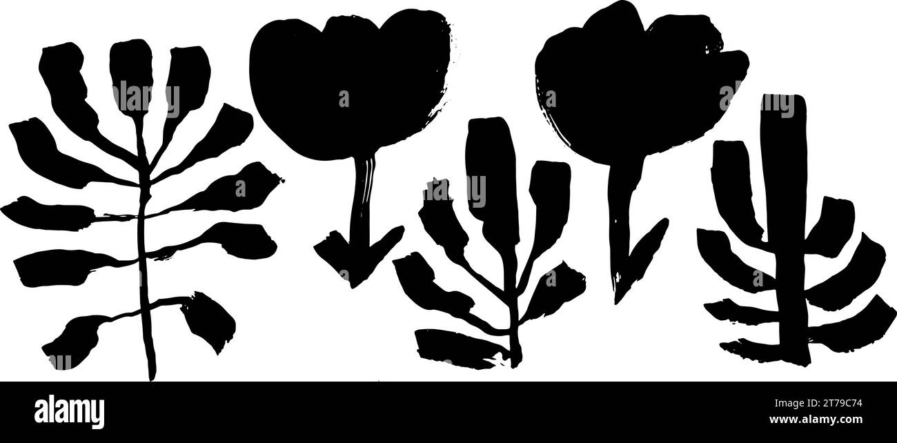 Spazzola a secco moderna grunge Set di foglie e fiori da disegno a inchiostro. Illustrazione Vettoriale