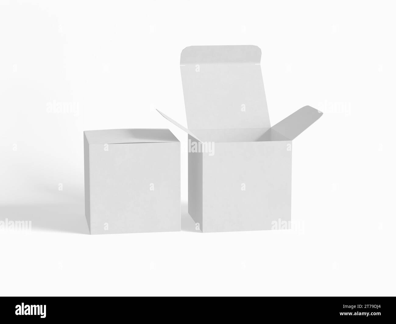 Scatola quadrata, carta di cartone con sfondo bianco e texture realistica Foto Stock