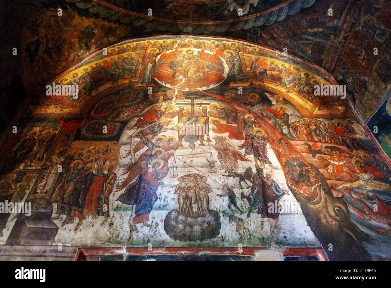 Splendida iconografia al Monastero dei Quaranta Martiri, un monastero greco-ortodosso vicino alla città di Sparta, nel Peloponneso, in Grecia, in Europa. Foto Stock