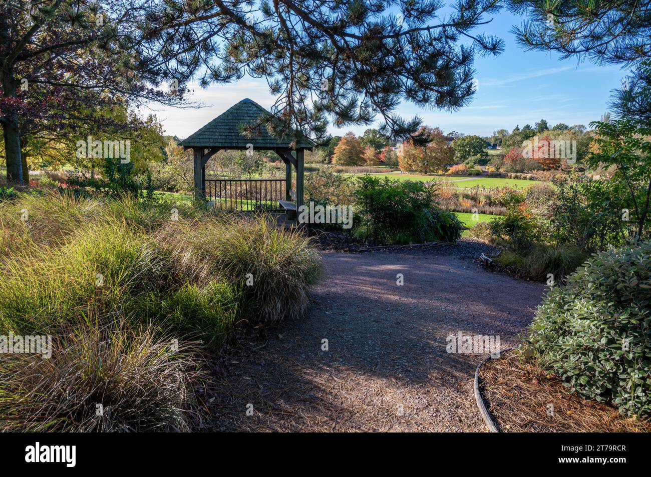 Gazebo nel giardino dell'Australia e della nuova Zelanda, affacciato su Clover Hill, con alcune sfumature autunnali. Foto Stock