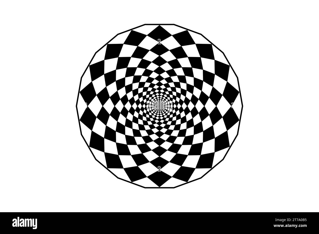 Design ipnotico art mandala, illusione ottica a spirale. Opuscoli opuscoli circolari classici a scacchi ottici in bianco e nero. Illustrazione vettoriale Illustrazione Vettoriale
