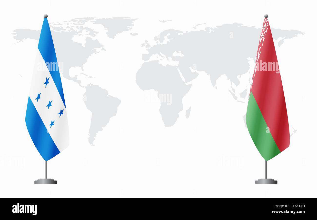 Honduras e bandiere bielorusse per riunioni ufficiali sullo sfondo della mappa mondiale. Illustrazione Vettoriale