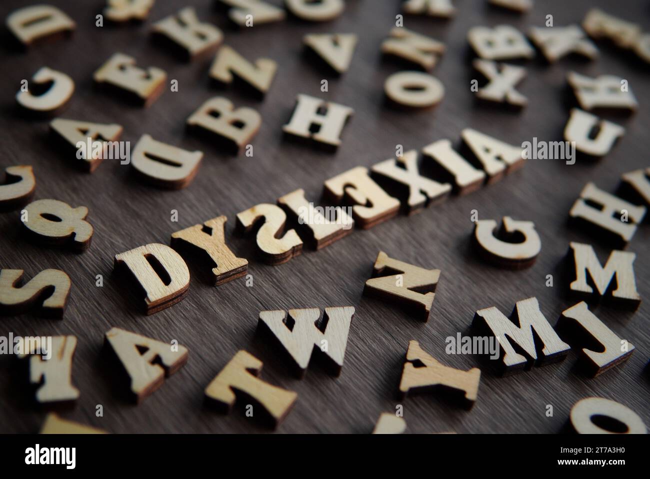 Immagine ravvicinata della DISLESSIA di testo circondata da un alfabeto sparso. Foto Stock