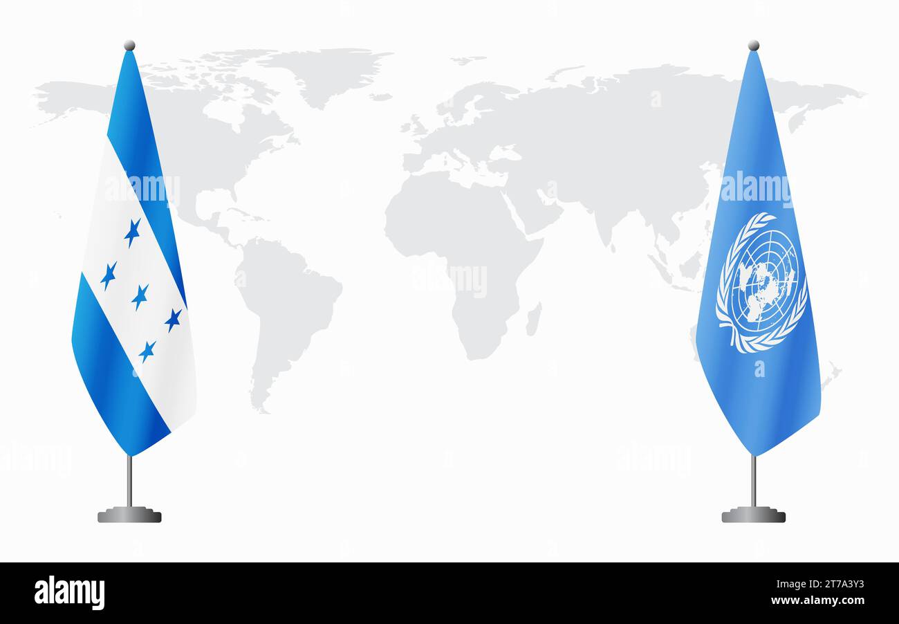 Honduras e Nazioni Unite bandiere per un incontro ufficiale sullo sfondo della mappa mondiale. Illustrazione Vettoriale