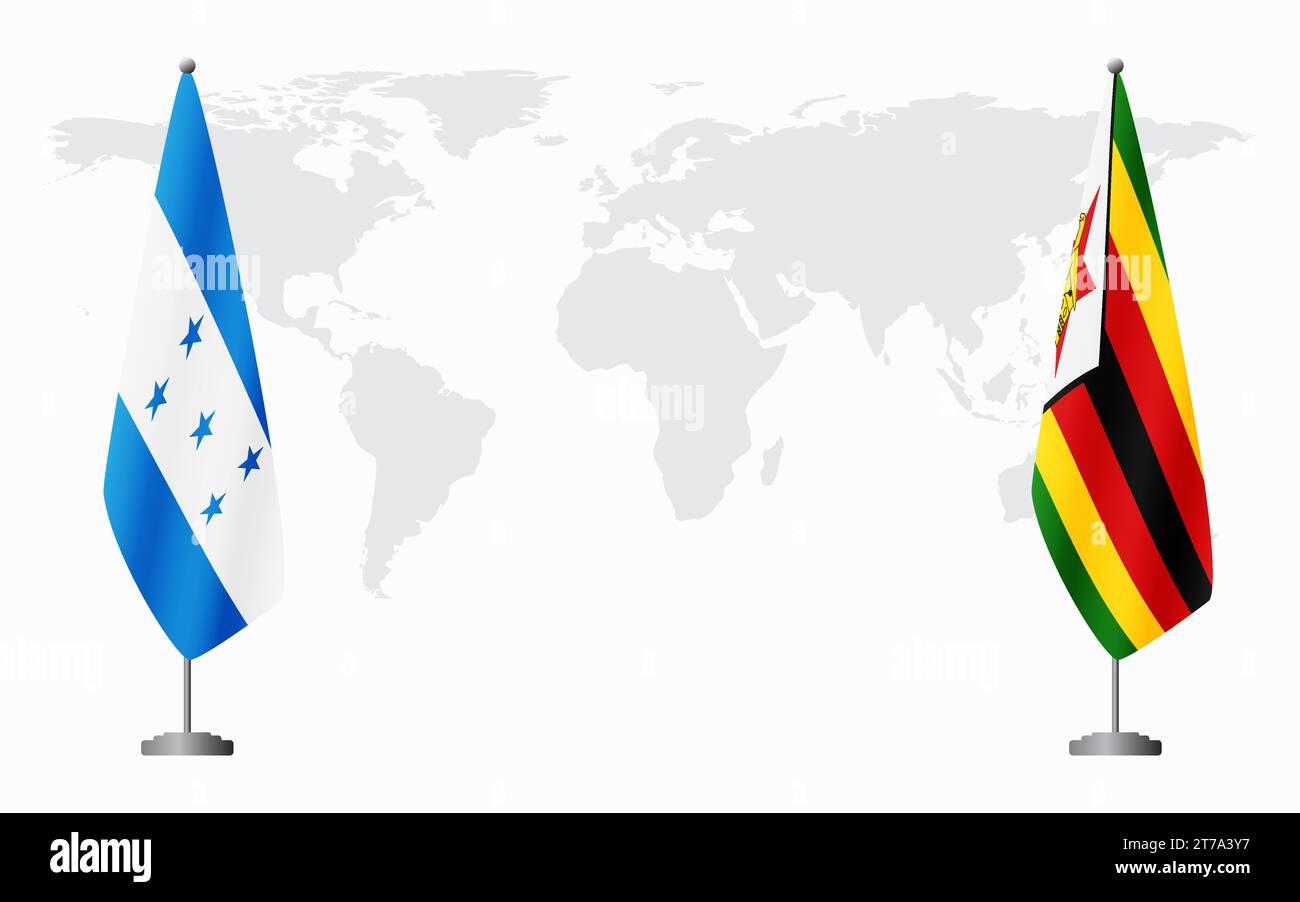Honduras e Zimbabwe bandiere per un incontro ufficiale sullo sfondo della mappa mondiale. Illustrazione Vettoriale