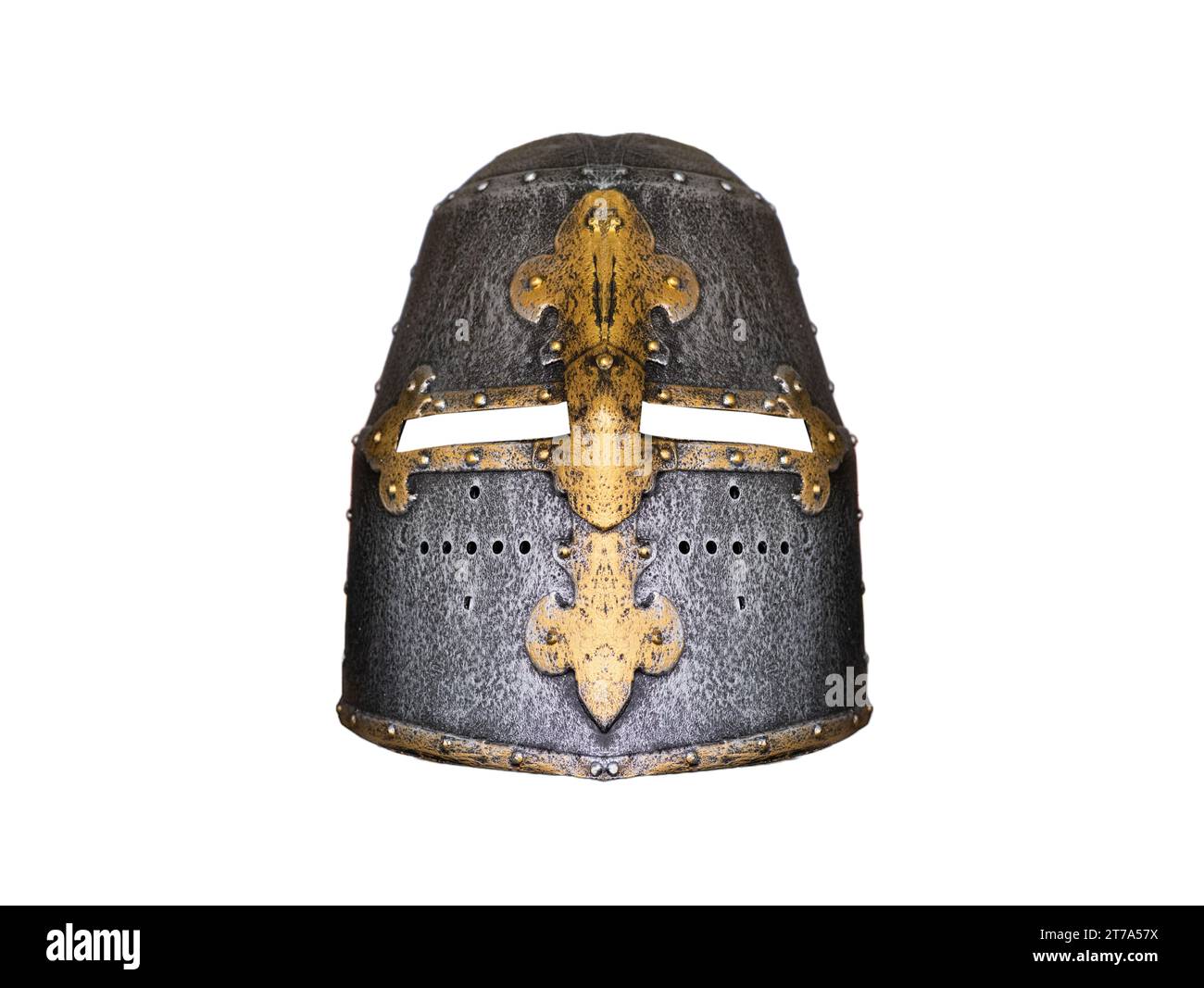 maschera medievale di cavaliere di ferro isolata su sfondo bianco Foto Stock
