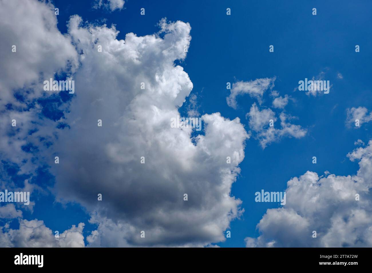 L'atmosfera serena è riportata in vita dalla vista di un tranquillo cielo blu adornato da bellissime nuvole soffici, che creano un'amb calma e tranquilla Foto Stock