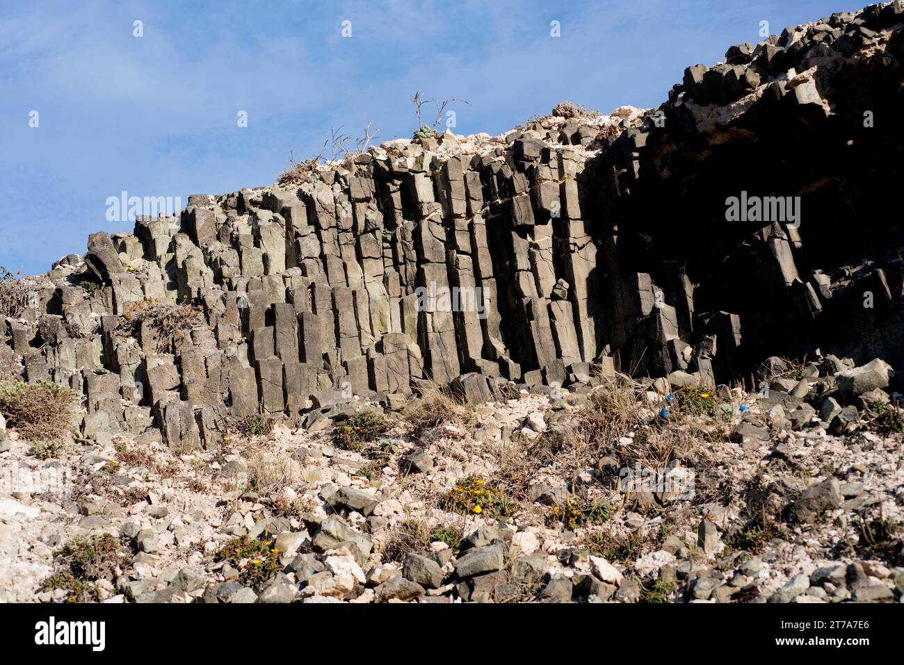 Giunzione colonnare di roccia vulcanica andita. Morron de los Genoveses, Cabo de Gata, Almeria, Andalusia, Spagna. Foto Stock