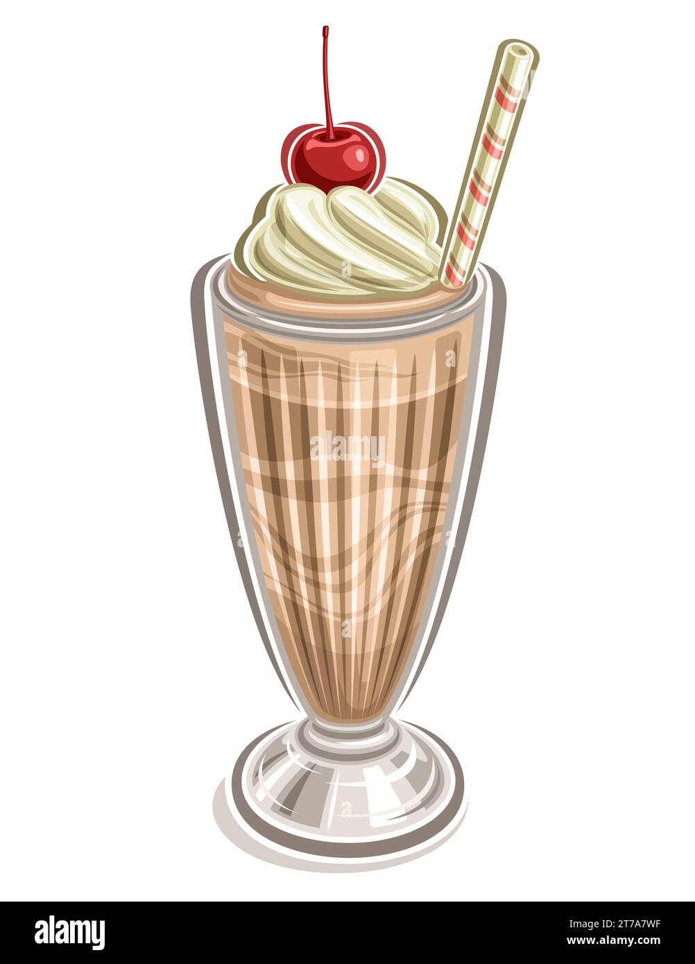 Illustrazione vettoriale di Chocolate Milkshake, poster decorativo con disegno a cartoni animati, frappè stratificato con bacca di maraschino in gelato cremoso Illustrazione Vettoriale