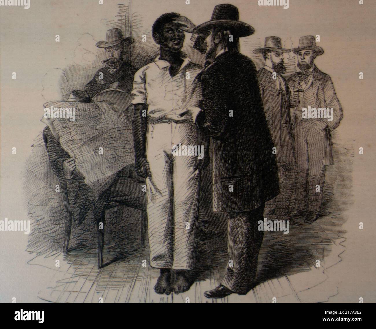 Spacciatori che ispezionano un negro ad un'asta di schiavi in Virginia Foto Stock