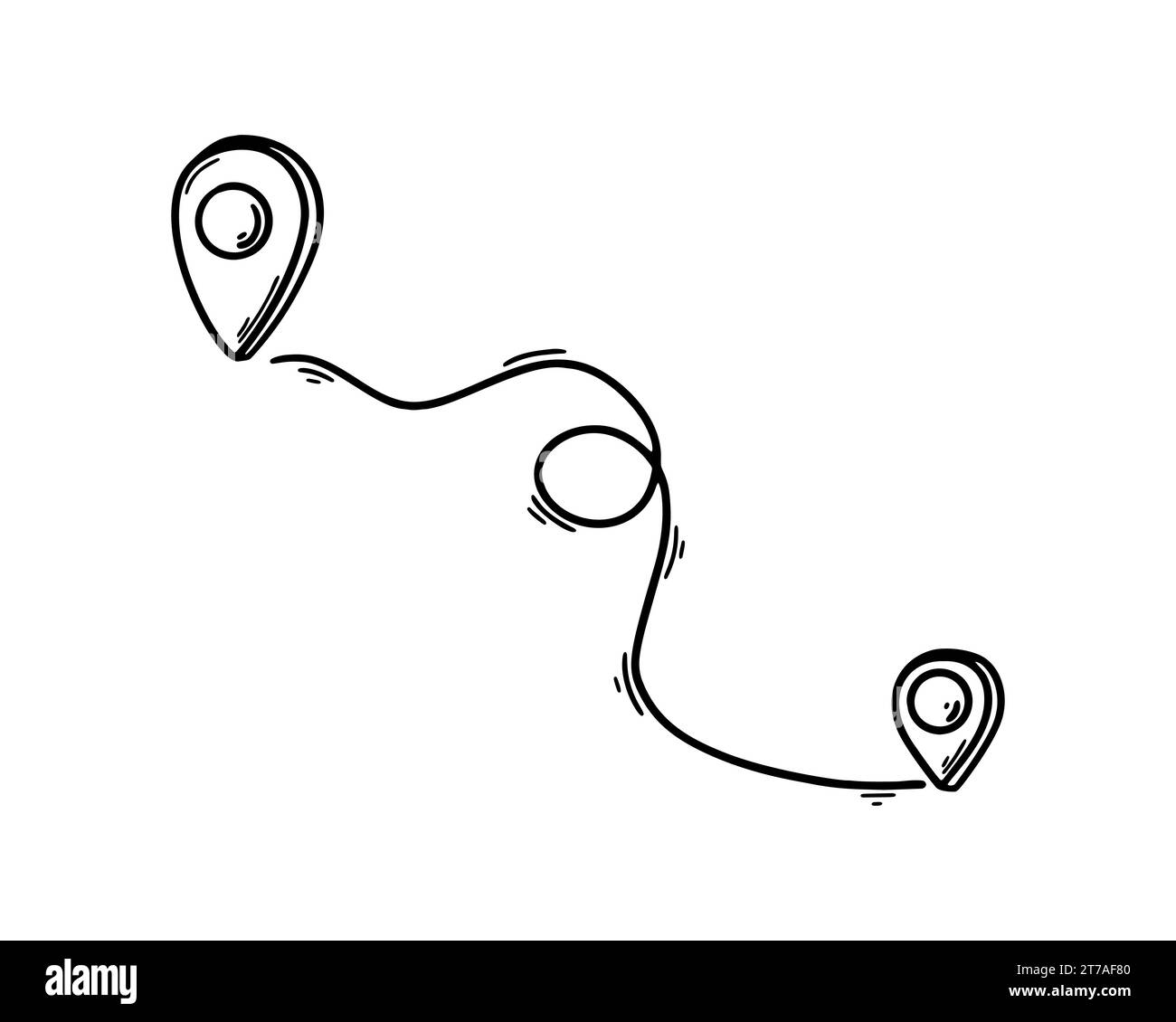 Mappare la posizione del perno nello stile di schizzo del doodle. Percorso disegnato a mano. GPS Points Way. Concetto di pianificazione del viaggio Illustrazione Vettoriale