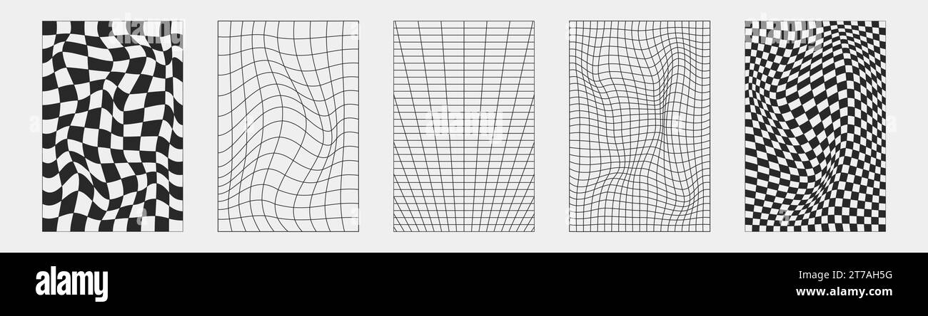 Wireframe astratti, elementi cyberpunk e griglie e sfere nere prospettiche. Set futuristico dal design geometrico surreale. Forme y2k psichedeliche. Rave Illustrazione Vettoriale