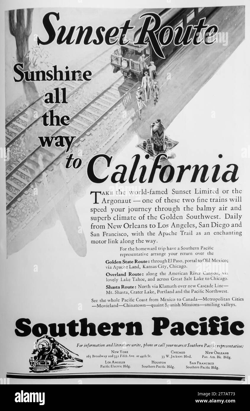 1927 Southern Pacific Sunset Route per la California, annuncio di viaggio in treno Foto Stock