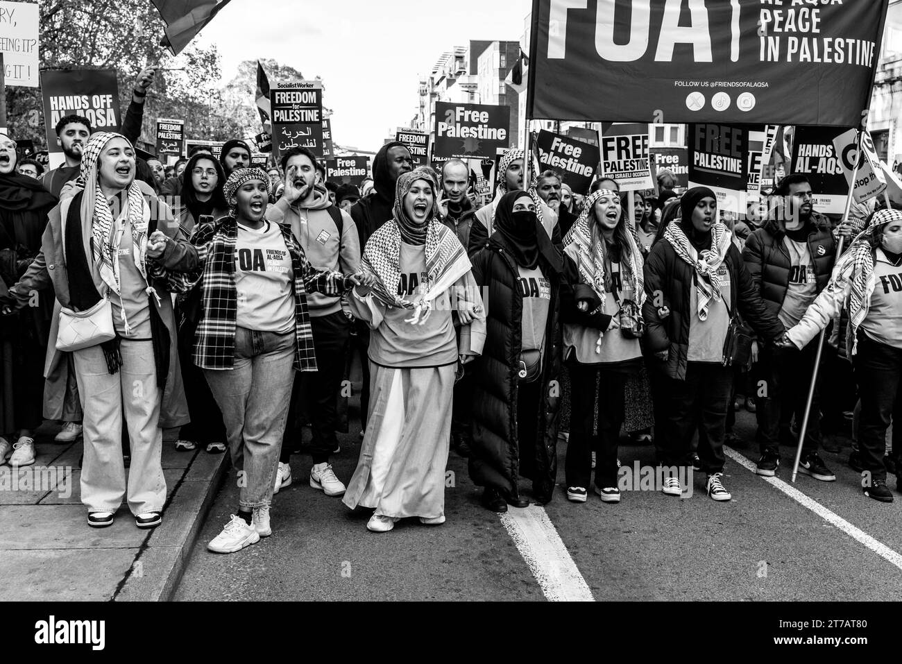 I giovani musulmani britannici arrabbiati chiedono un cessate il fuoco a Gaza e che Israele fermi i bombardamenti all'evento March for Palestine, Londra, Regno Unito Foto Stock