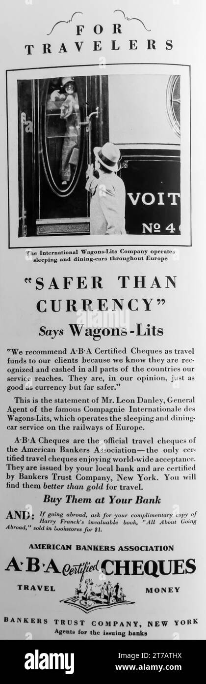 1927 A.B.A. Cheques Travel Money ad. I banchieri si fidano della società N.Y. Foto Stock