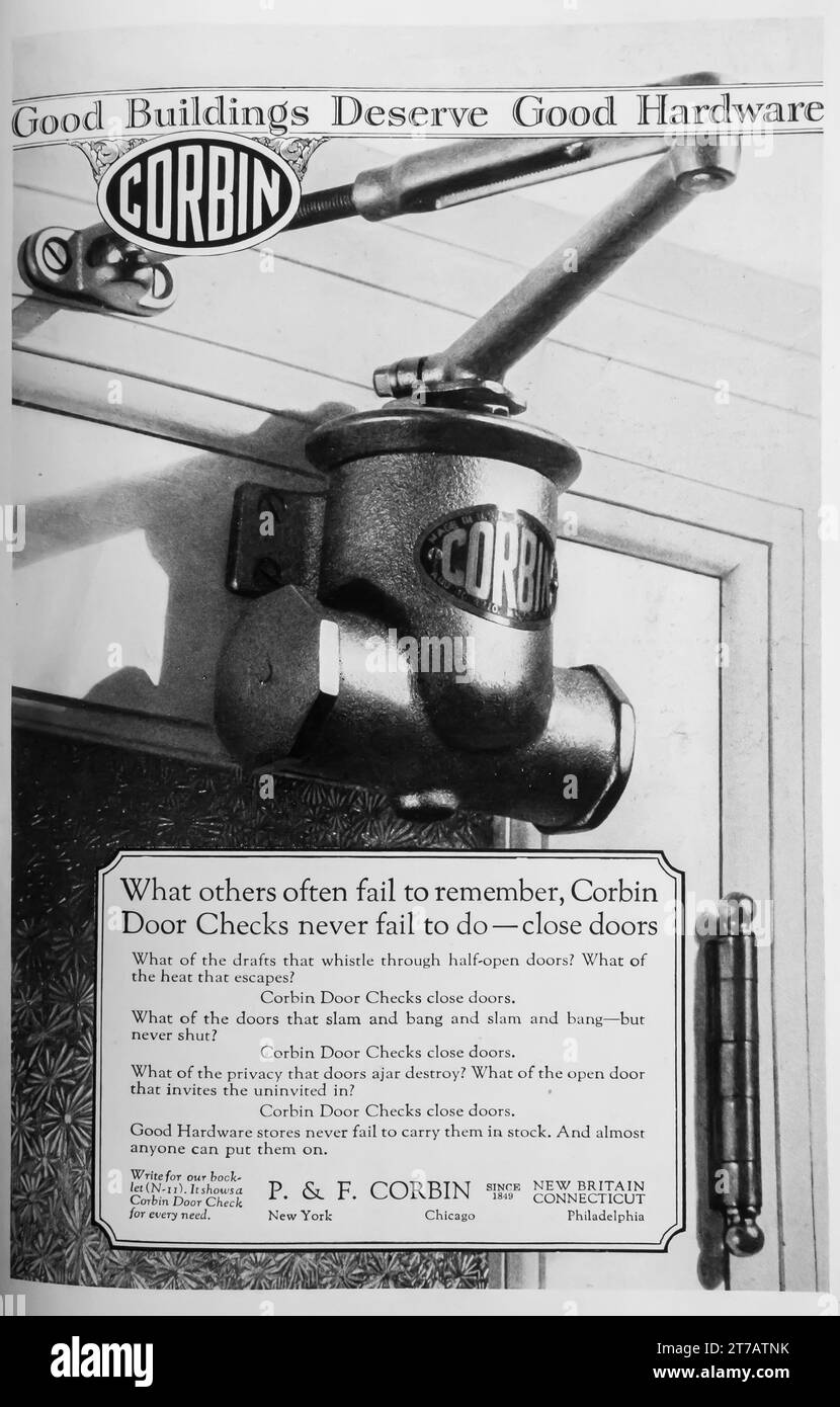1927 annunci Corbin Door Checks. "I buoni edifici meritano un buon hardware." Foto Stock