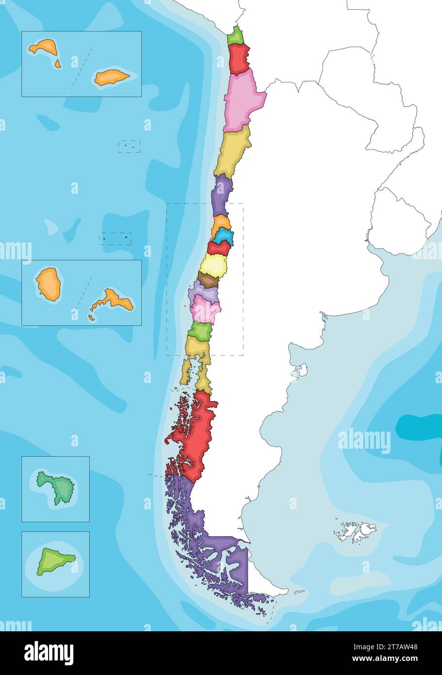 Vettoriale illustrato mappa vuota del Cile con regioni e territori e divisioni amministrative e paesi e territori confinanti. Modificabile Illustrazione Vettoriale