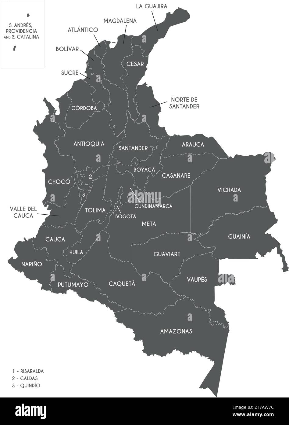 Mappa vettoriale della Colombia con dipartimenti, regione capitale e divisioni amministrative. Livelli modificabili e chiaramente etichettati. Illustrazione Vettoriale