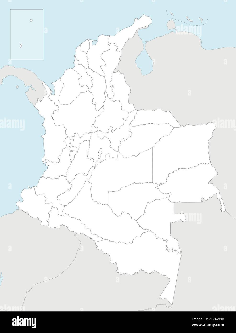 Mappa vettoriale vuota della Colombia con i dipartimenti, la regione capitale e le divisioni amministrative e i paesi vicini. Modificabile ed etichettato in modo chiaro l Illustrazione Vettoriale