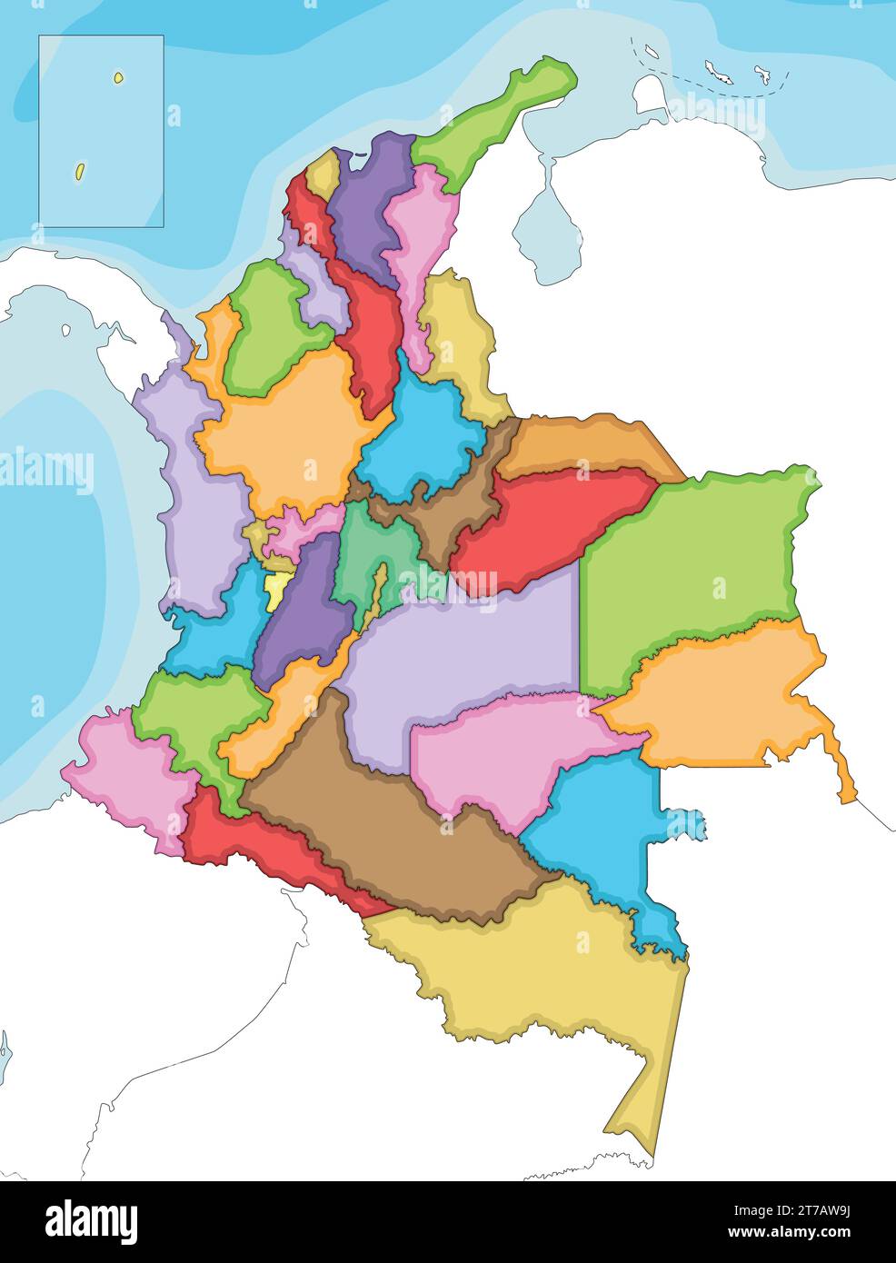 Vettoriale ha illustrato una mappa vuota della Colombia con dipartimenti, regioni della capitale e divisioni amministrative e paesi vicini. Modificabile e chiaro Illustrazione Vettoriale