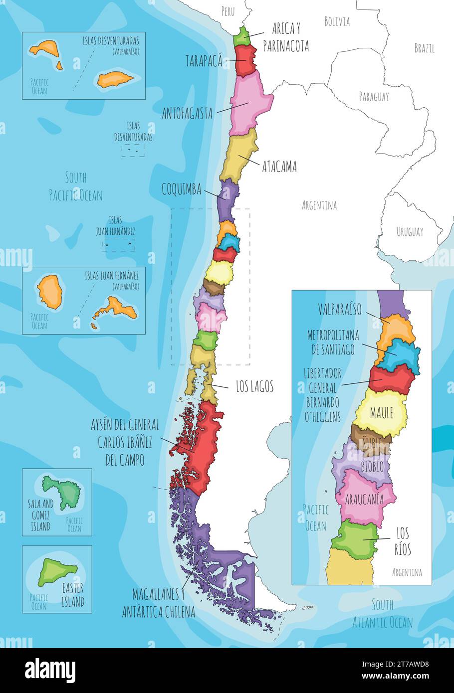 Mappa vettoriale illustrata del Cile con regioni e territori e divisioni amministrative, e paesi e territori limitrofi. Modificabile e cl Illustrazione Vettoriale