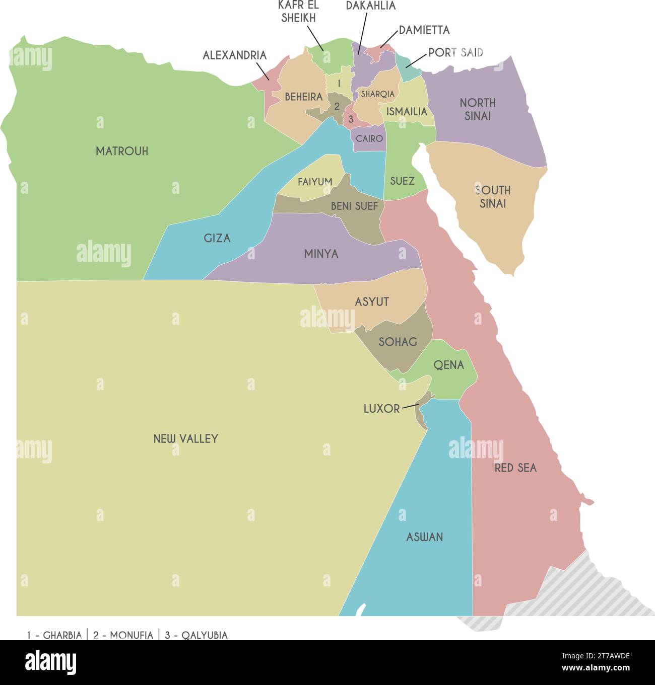 Mappa vettoriale dell'Egitto con governatorati o province e divisioni amministrative. Livelli modificabili e chiaramente etichettati. Illustrazione Vettoriale