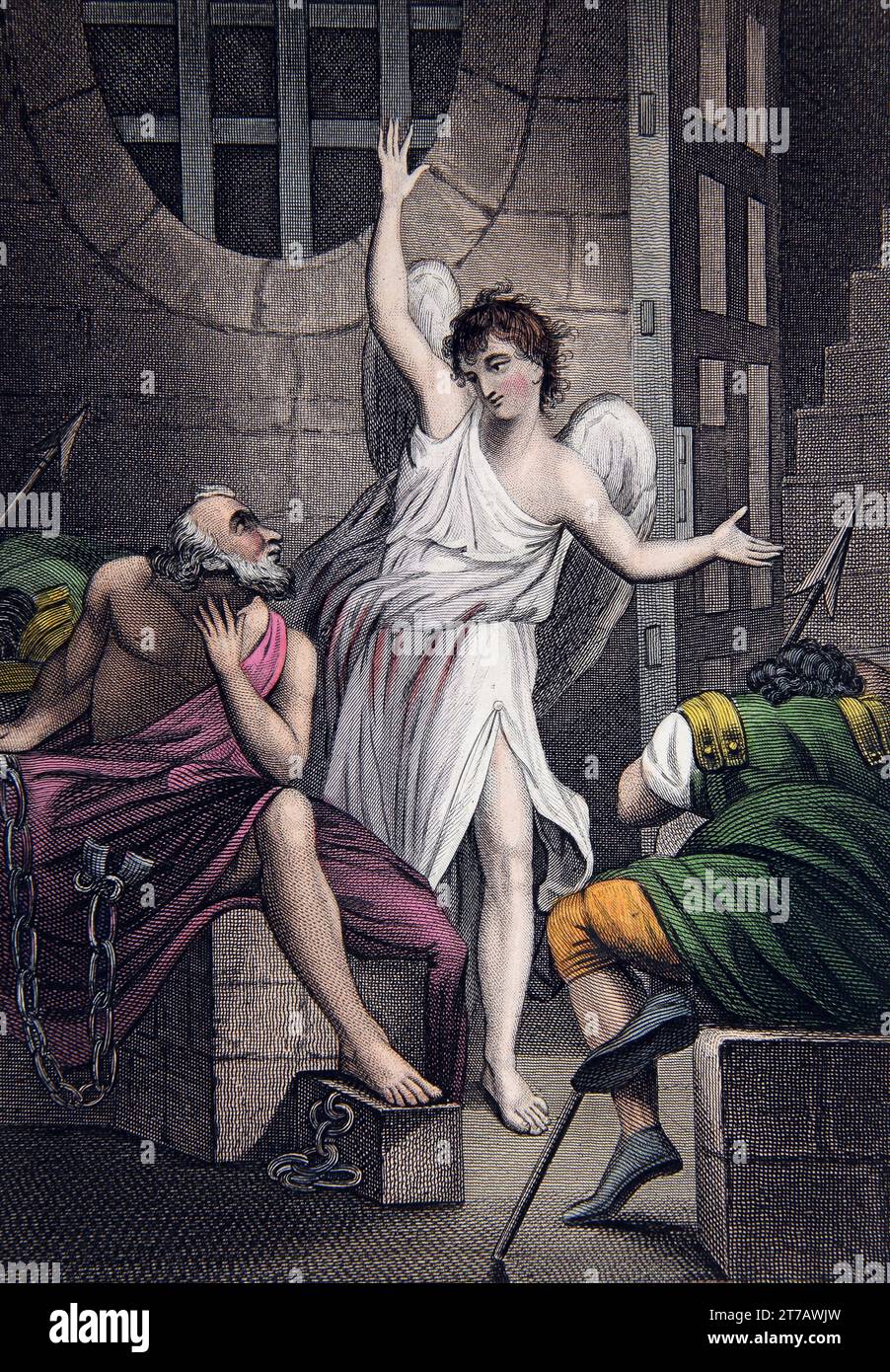 Illustrazione di Pietro liberato da un angelo (ActsXII.7) dalla Bibbia della famiglia di auto-interpretazione Foto Stock