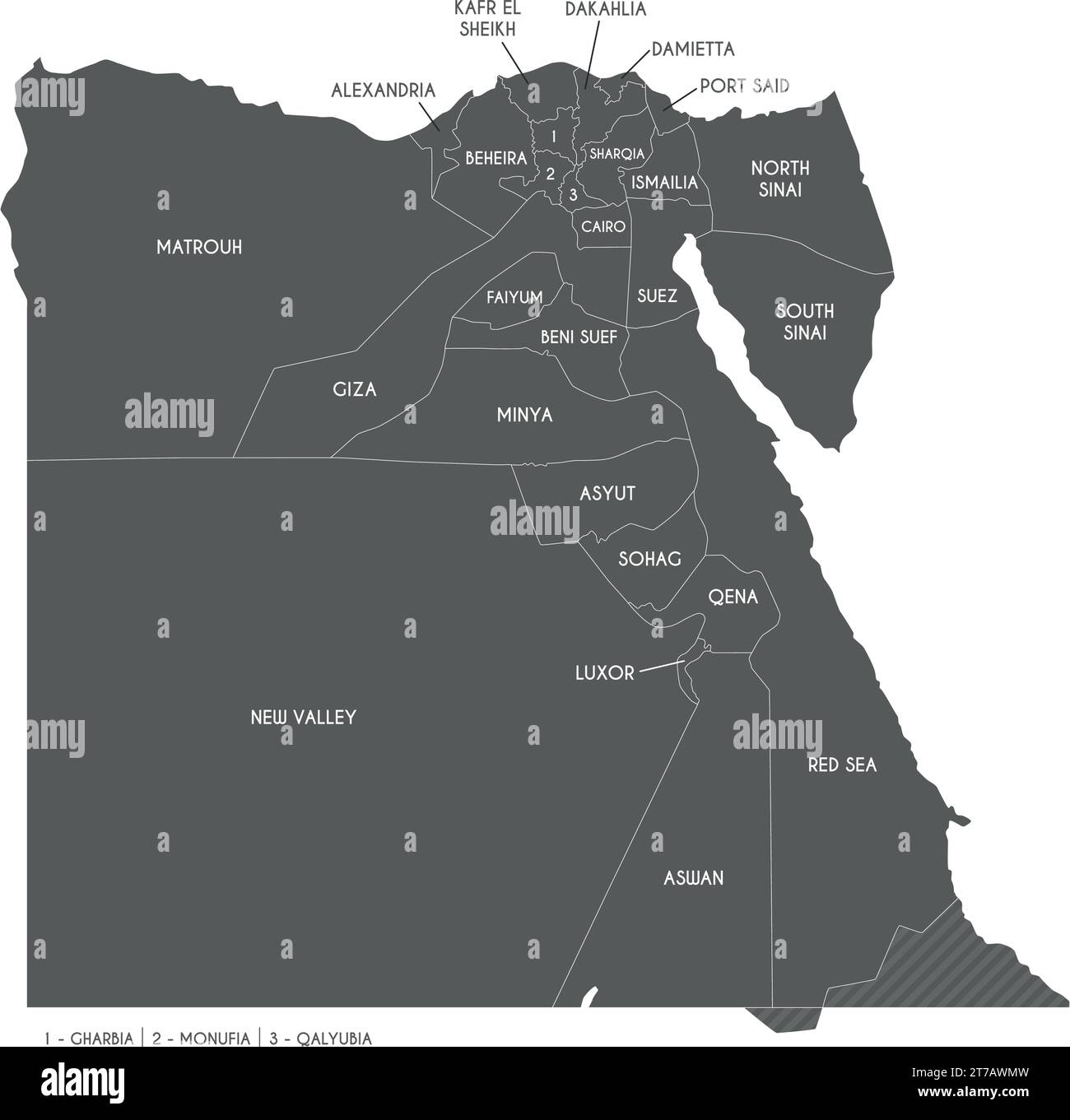 Mappa vettoriale dell'Egitto con governatorati o province e divisioni amministrative. Livelli modificabili e chiaramente etichettati. Illustrazione Vettoriale