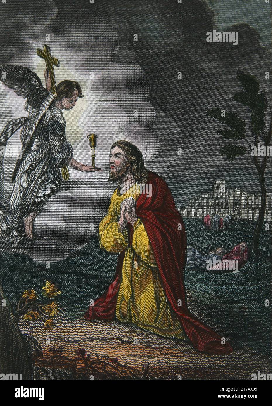 Illustrazione di Gesù Cristo che prega nel Giardino del Getsemani quando e Angelo apparvero dal cielo e gli diedero forza (LukeXXII.39) dal Sel Foto Stock