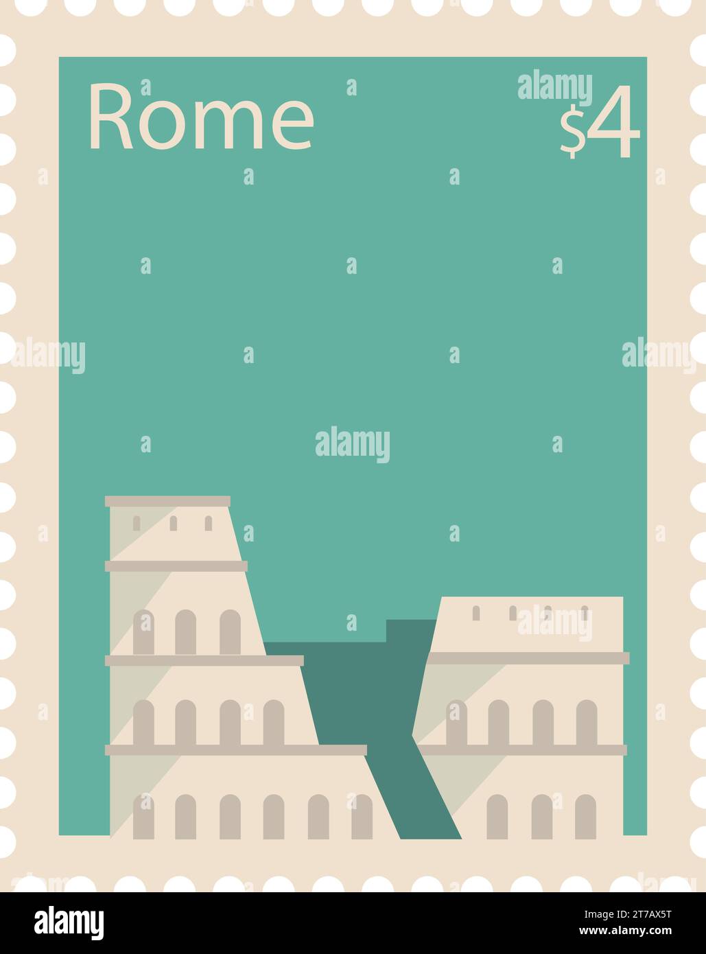 Francobollo postale con il COLOSSEO, famoso punto di riferimento di ROMA, ITALIA Illustrazione Vettoriale