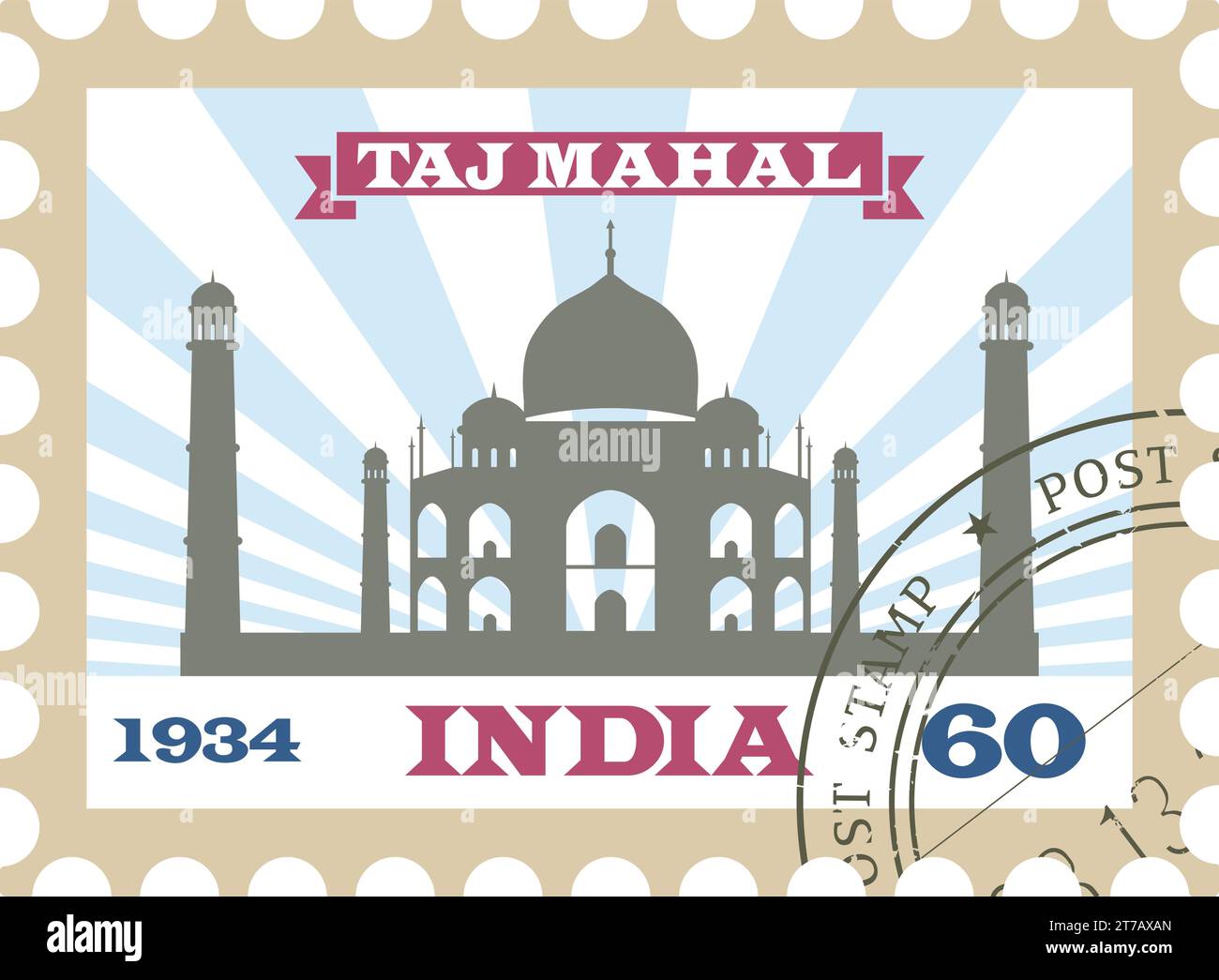 Francobollo postale con IL famoso TAJ MAHAL di AGRA, INDIA Illustrazione Vettoriale