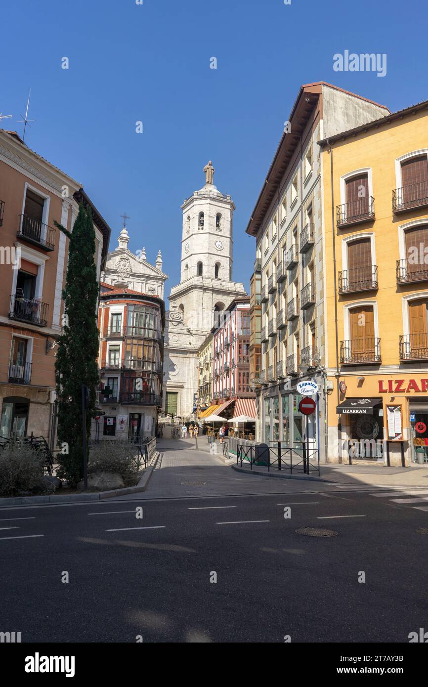 Le strade centrali di Valladolid e sullo sfondo la cattedrale di nostra Signora dell'assunzione, che ha diverse centinaia di anni. Foto Stock