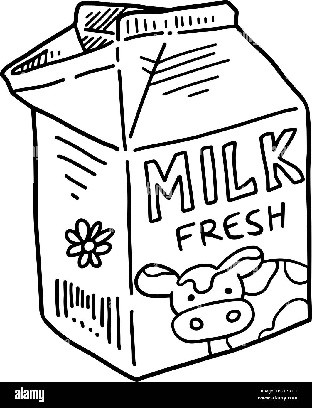 Illustrazione vettoriale in bianco e nero con disegno a mano scatola di cartone per latte vaccino isolata su sfondo bianco Illustrazione Vettoriale